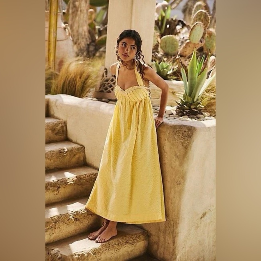 Free People Free-est metallic Poppy butter yellow midi cotton textured dress
